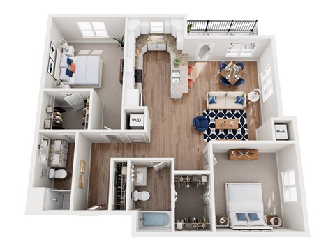Floor plan for 2 beds, 2 baths, 1290 sqft